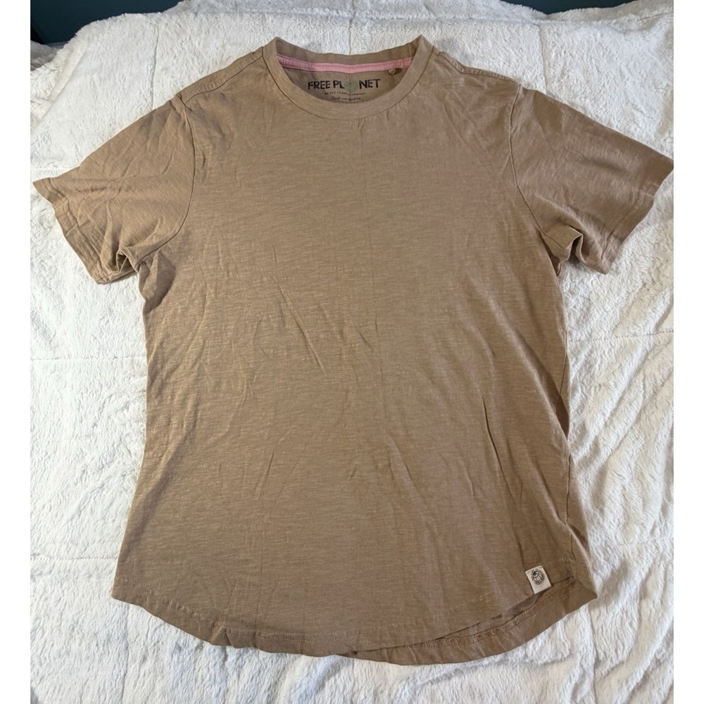 Free Planet Size M Beige Organic Cotton Short Sleeve Tee Shirt Round Neck Casual